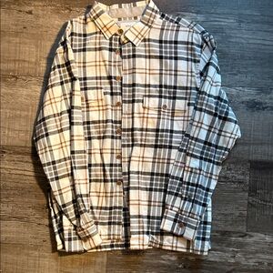 Men's Plaid Button-Down Shirt - Black, White, and Tan